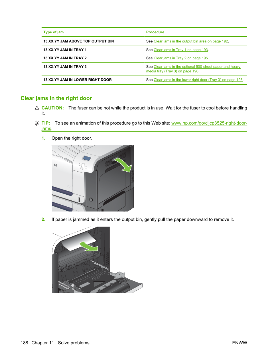 Clear jams in the right door | HP Color LaserJet CP3520 Printer Series User Manual | Page 200 / 264