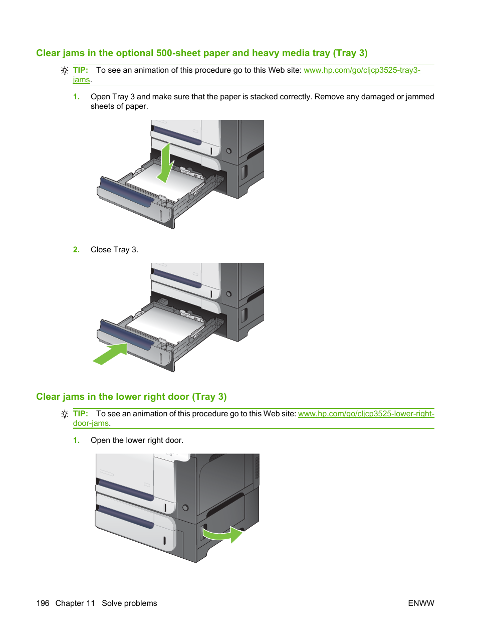 Clear jams in the lower right door (tray 3), Clear | HP Color LaserJet CP3520 Printer Series User Manual | Page 208 / 264