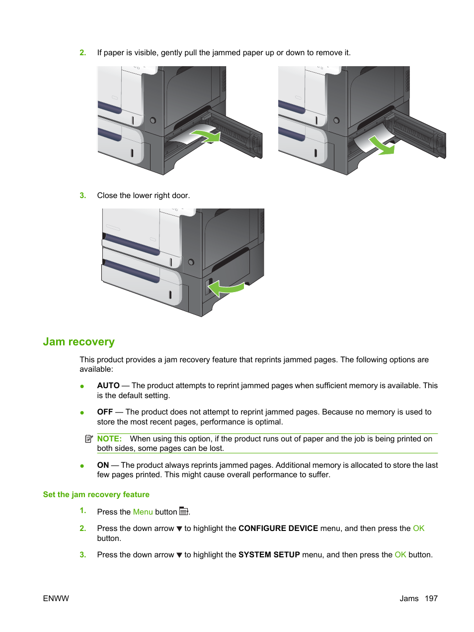 Jam recovery | HP Color LaserJet CP3520 Printer Series User Manual | Page 209 / 264