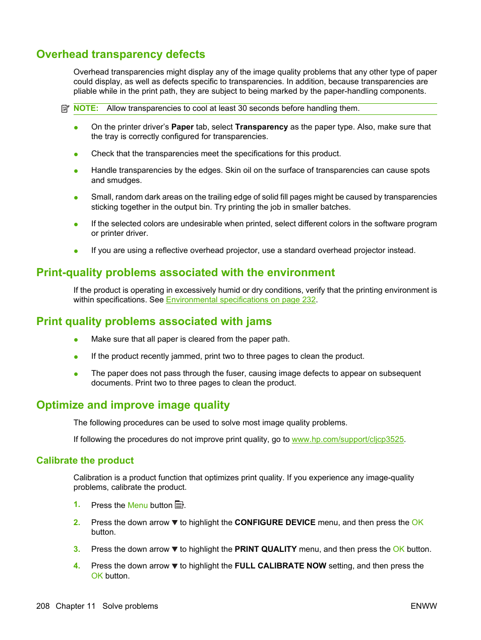 Overhead transparency defects, Print quality problems associated with jams, Optimize and improve image quality | Calibrate the product | HP Color LaserJet CP3520 Printer Series User Manual | Page 220 / 264