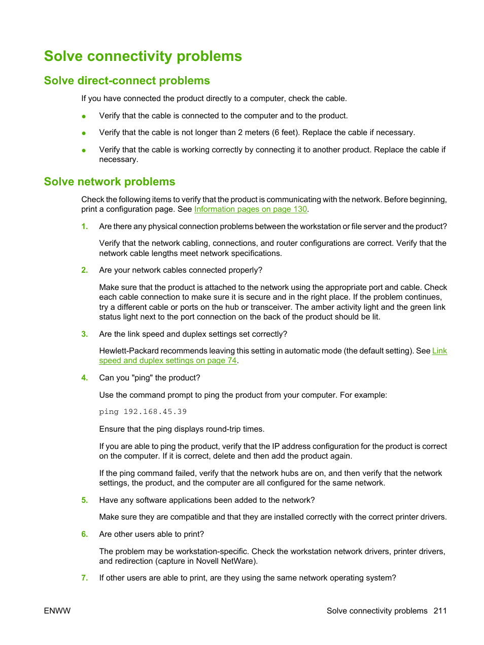 Solve connectivity problems, Solve direct-connect problems, Solve network problems | Solve connectivity | HP Color LaserJet CP3520 Printer Series User Manual | Page 223 / 264