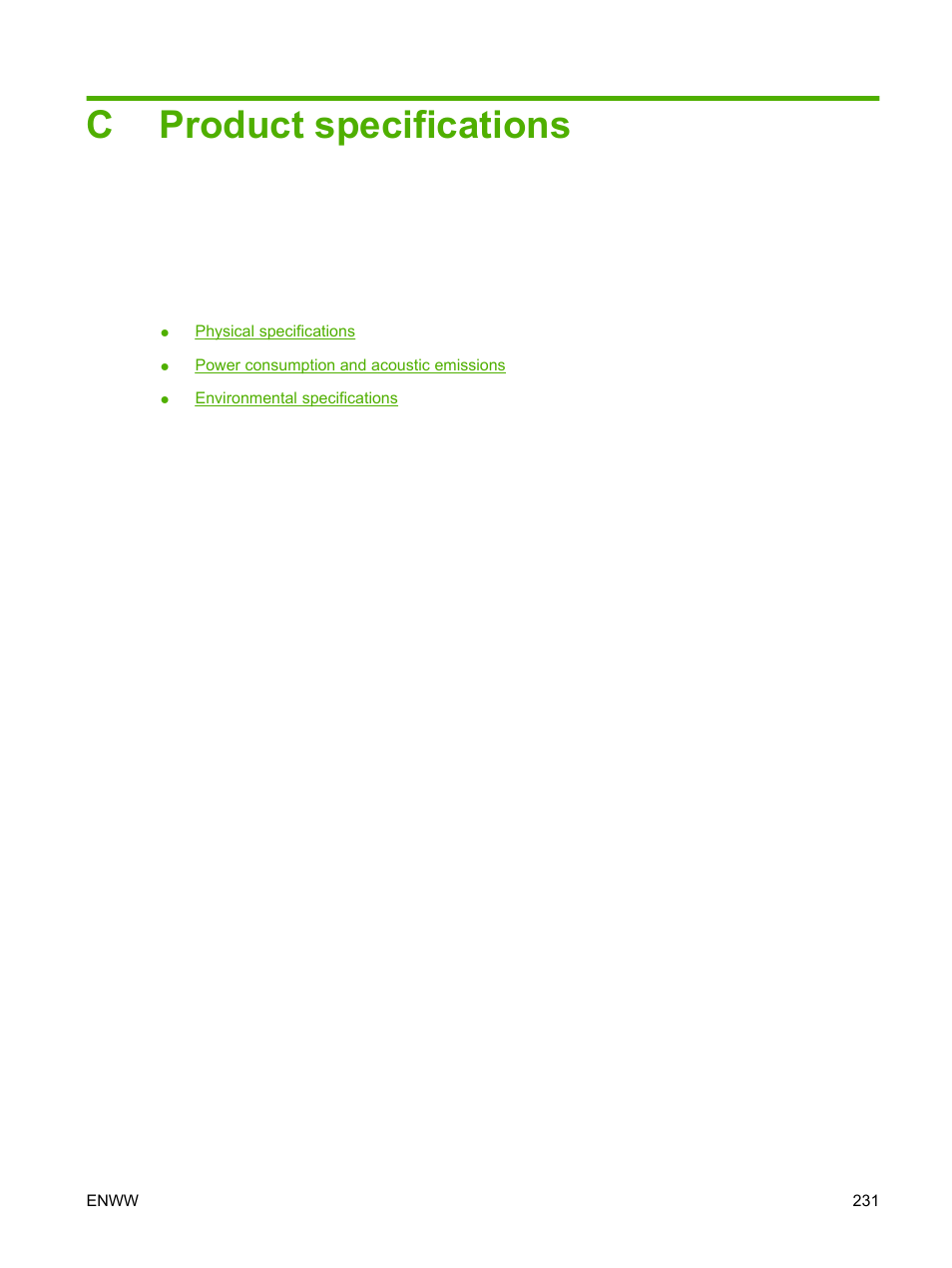 Product specifications, Appendix c product specifications, Cproduct specifications | HP Color LaserJet CP3520 Printer Series User Manual | Page 243 / 264