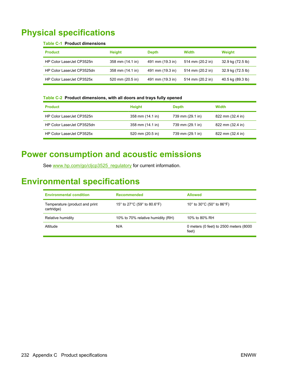 Physical specifications, Power consumption and acoustic emissions, Environmental specifications | HP Color LaserJet CP3520 Printer Series User Manual | Page 244 / 264