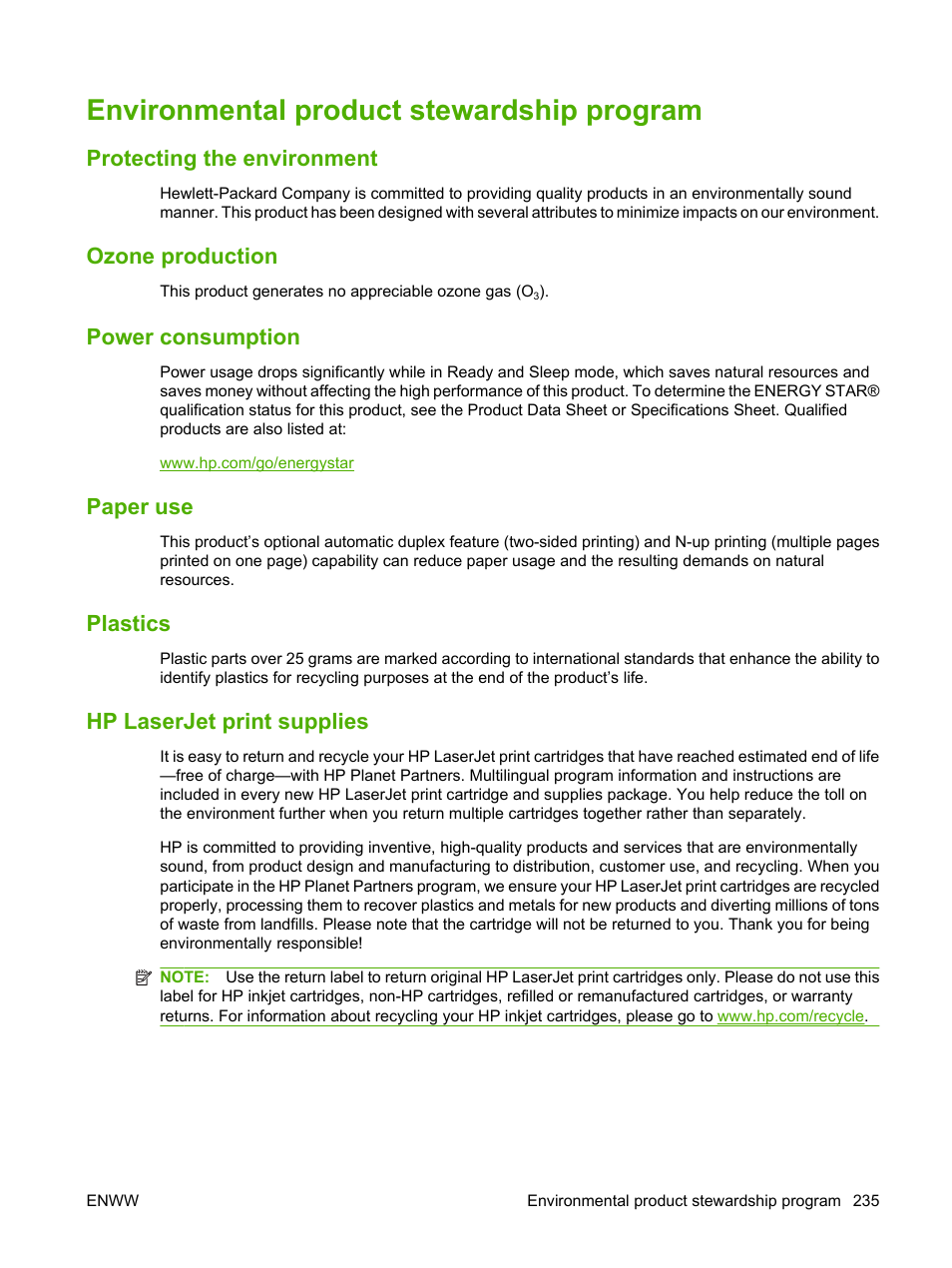 Environmental product stewardship program, Protecting the environment, Ozone production | Power consumption, Paper use, Plastics, Hp laserjet print supplies, Hp laserjet | HP Color LaserJet CP3520 Printer Series User Manual | Page 247 / 264