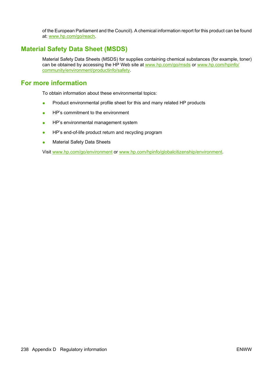 Material safety data sheet (msds), For more information | HP Color LaserJet CP3520 Printer Series User Manual | Page 250 / 264