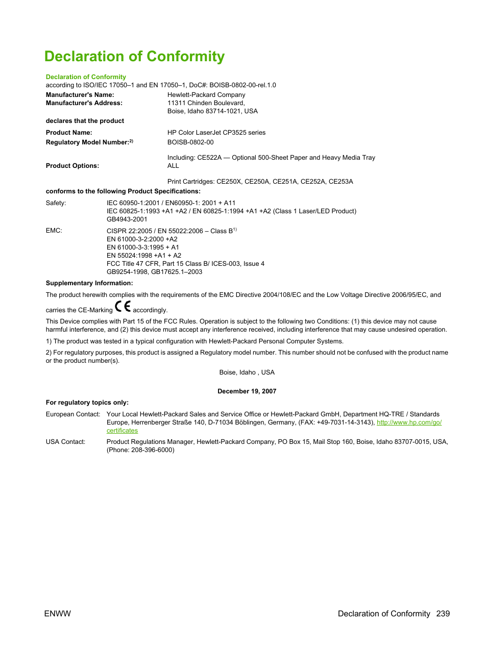 Declaration of conformity, Enww declaration of conformity 239 | HP Color LaserJet CP3520 Printer Series User Manual | Page 251 / 264