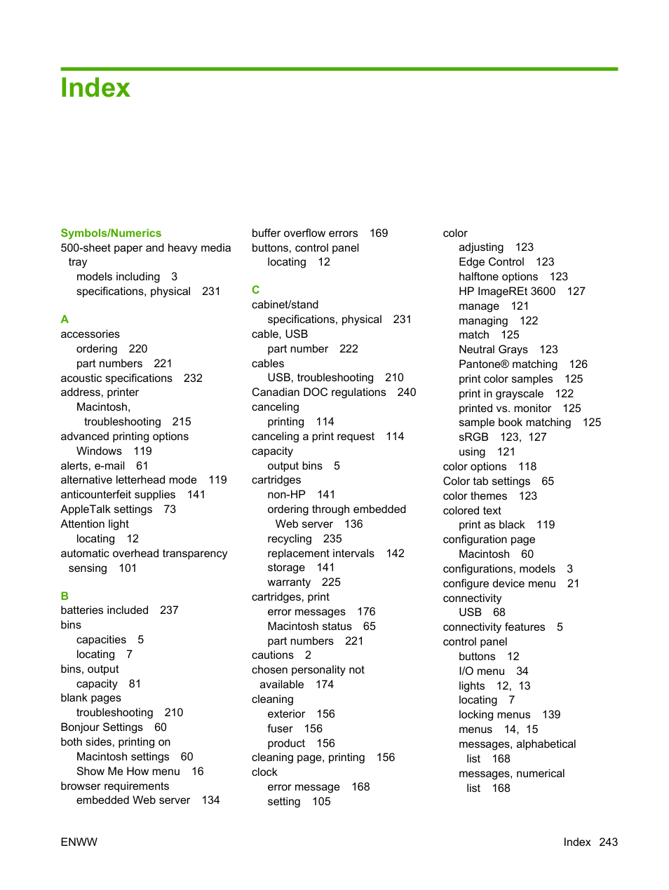 Index | HP Color LaserJet CP3520 Printer Series User Manual | Page 255 / 264