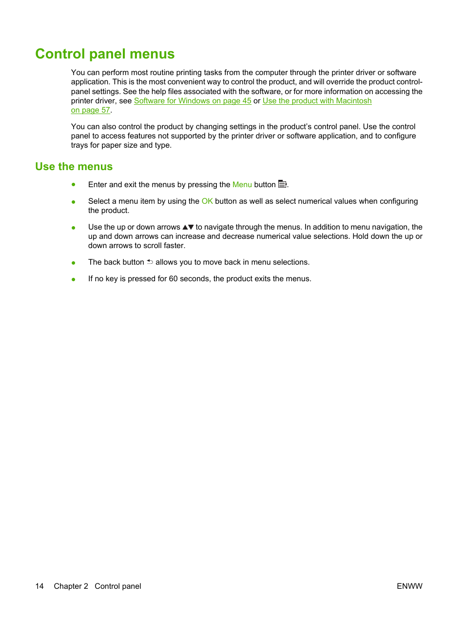 Control panel menus, Use the menus | HP Color LaserJet CP3520 Printer Series User Manual | Page 26 / 264