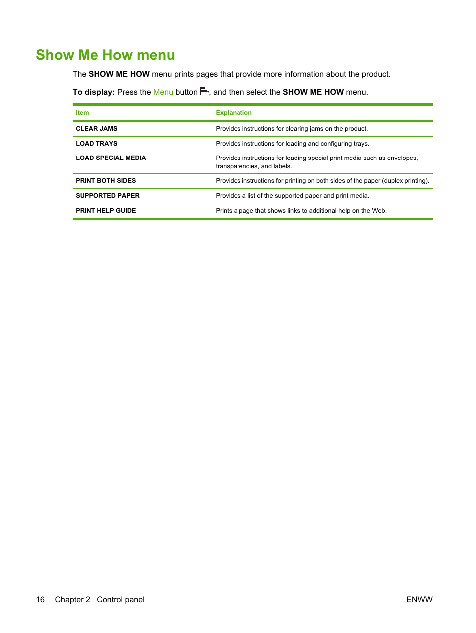 Show me how menu | HP Color LaserJet CP3520 Printer Series User Manual | Page 28 / 264