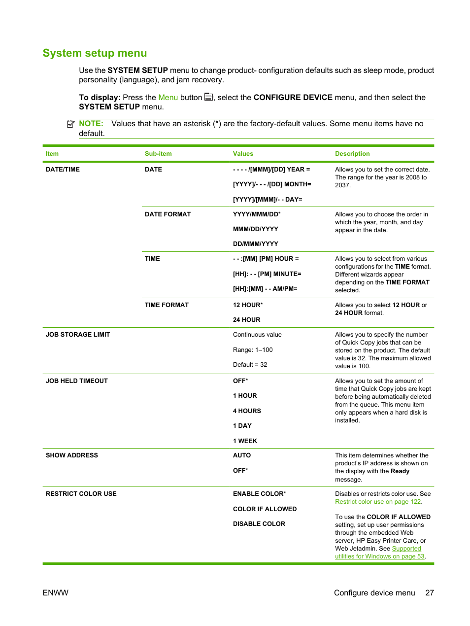 System setup menu | HP Color LaserJet CP3520 Printer Series User Manual | Page 39 / 264