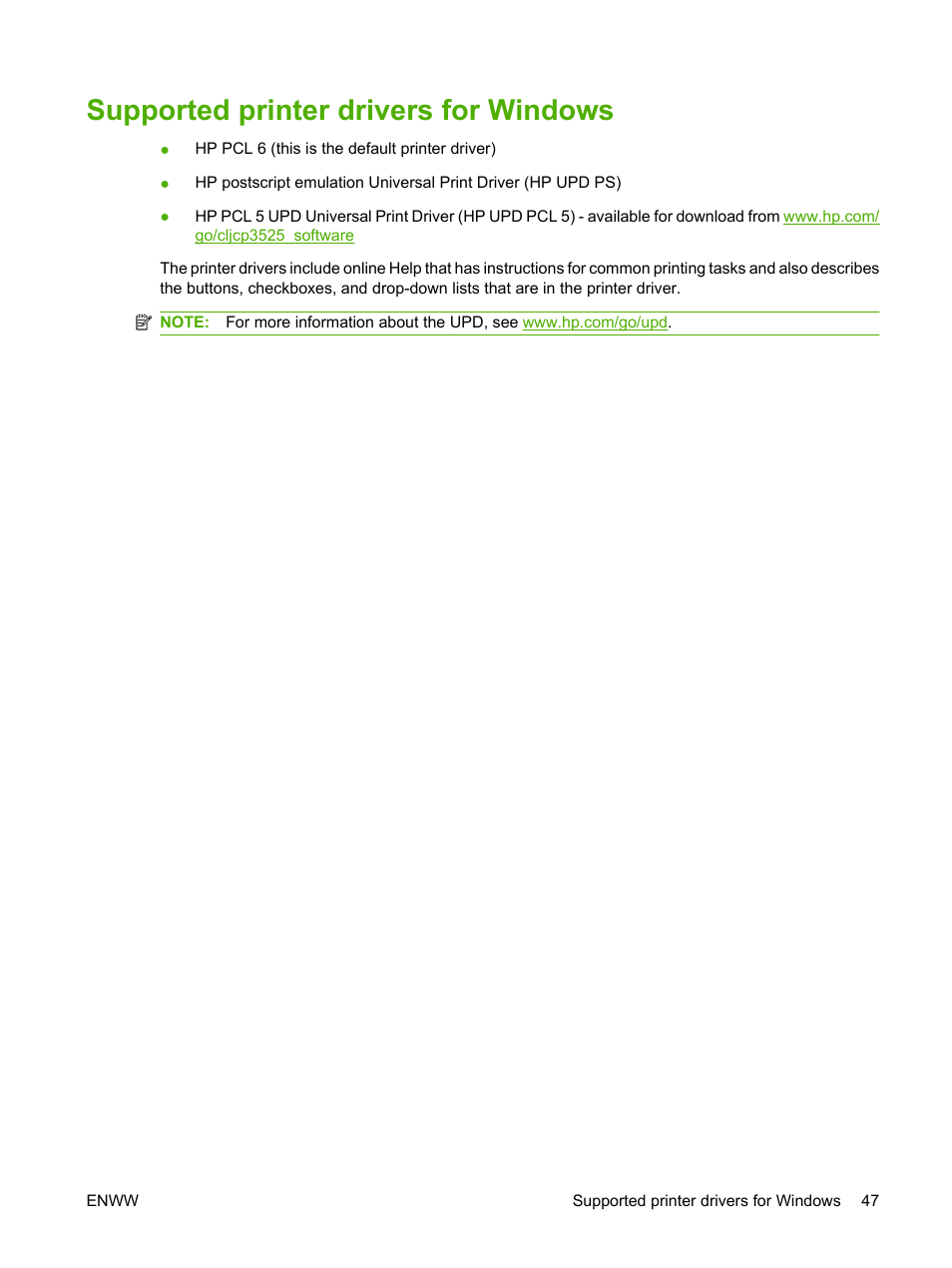 Supported printer drivers for windows | HP Color LaserJet CP3520 Printer Series User Manual | Page 59 / 264