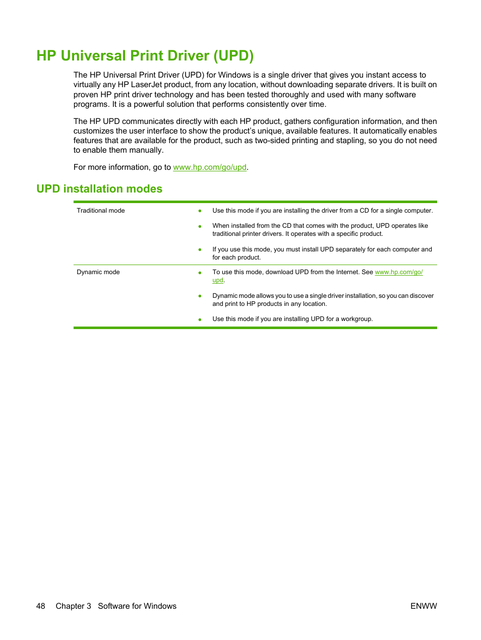 Hp universal print driver (upd), Upd installation modes | HP Color LaserJet CP3520 Printer Series User Manual | Page 60 / 264