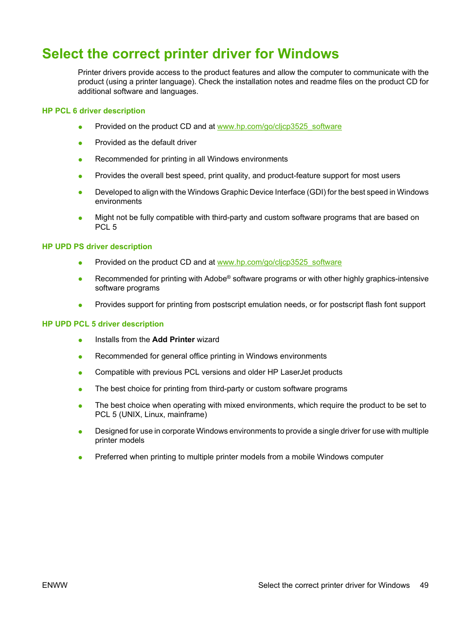 Select the correct printer driver for windows | HP Color LaserJet CP3520 Printer Series User Manual | Page 61 / 264