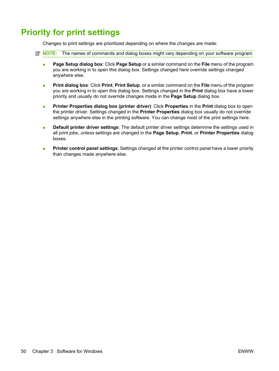 Priority for print settings | HP Color LaserJet CP3520 Printer Series User Manual | Page 62 / 264