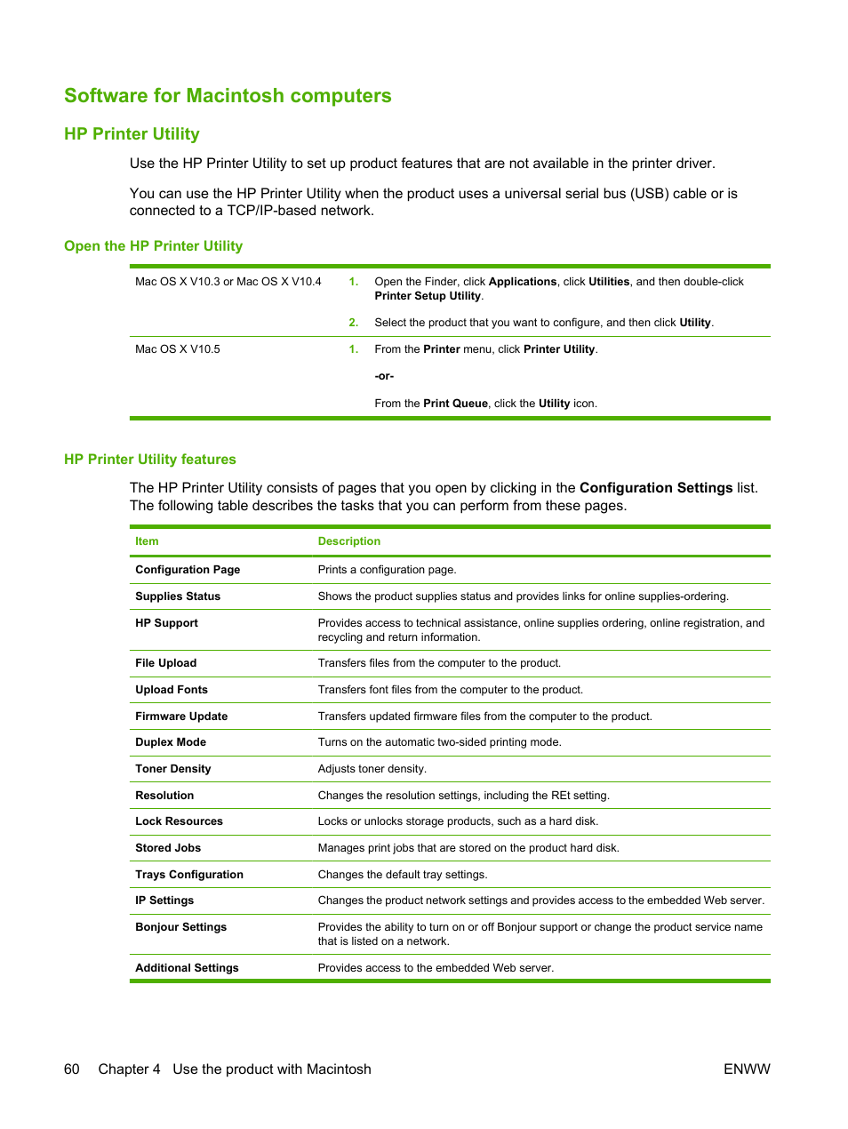 Software for macintosh computers, Hp printer utility, Open the hp printer utility | Hp printer utility features | HP Color LaserJet CP3520 Printer Series User Manual | Page 72 / 264