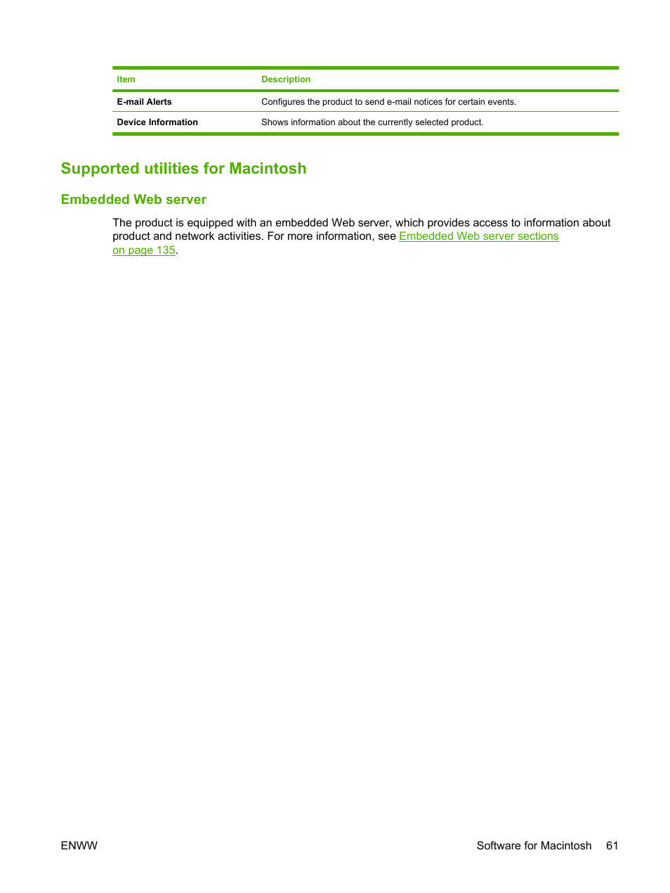 Supported utilities for macintosh, Embedded web server | HP Color LaserJet CP3520 Printer Series User Manual | Page 73 / 264