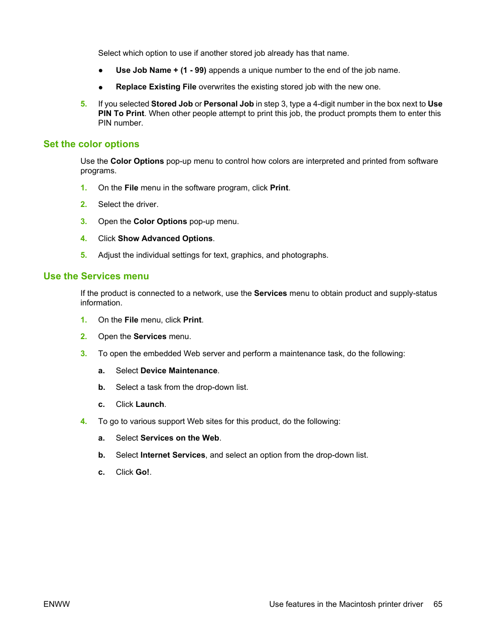 Set the color options, Use the services menu, Set the color options use the services menu | HP Color LaserJet CP3520 Printer Series User Manual | Page 77 / 264