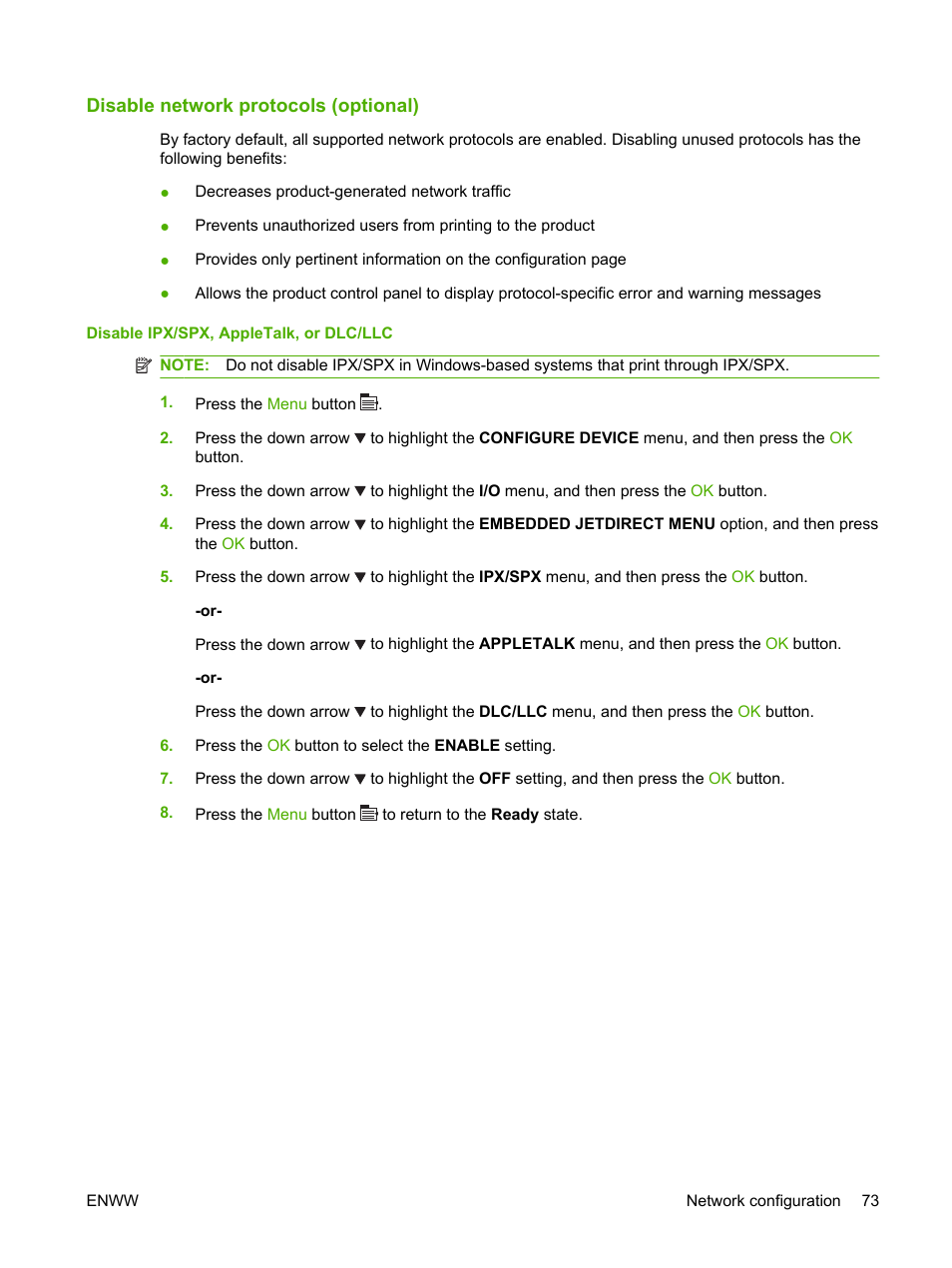 Disable network protocols (optional), Disable ipx/spx, appletalk, or dlc/llc | HP Color LaserJet CP3520 Printer Series User Manual | Page 85 / 264