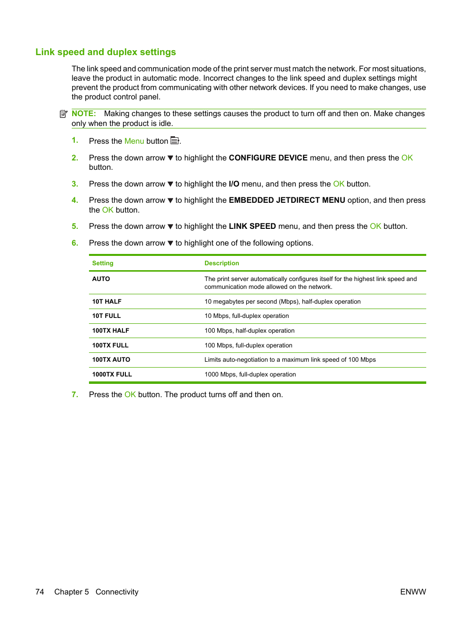 Link speed and duplex settings | HP Color LaserJet CP3520 Printer Series User Manual | Page 86 / 264