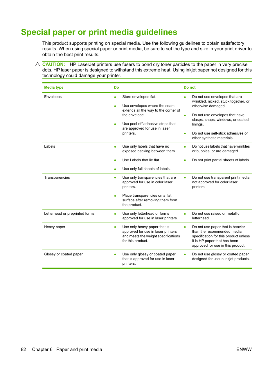 Special paper or print media guidelines | HP Color LaserJet CP3520 Printer Series User Manual | Page 94 / 264