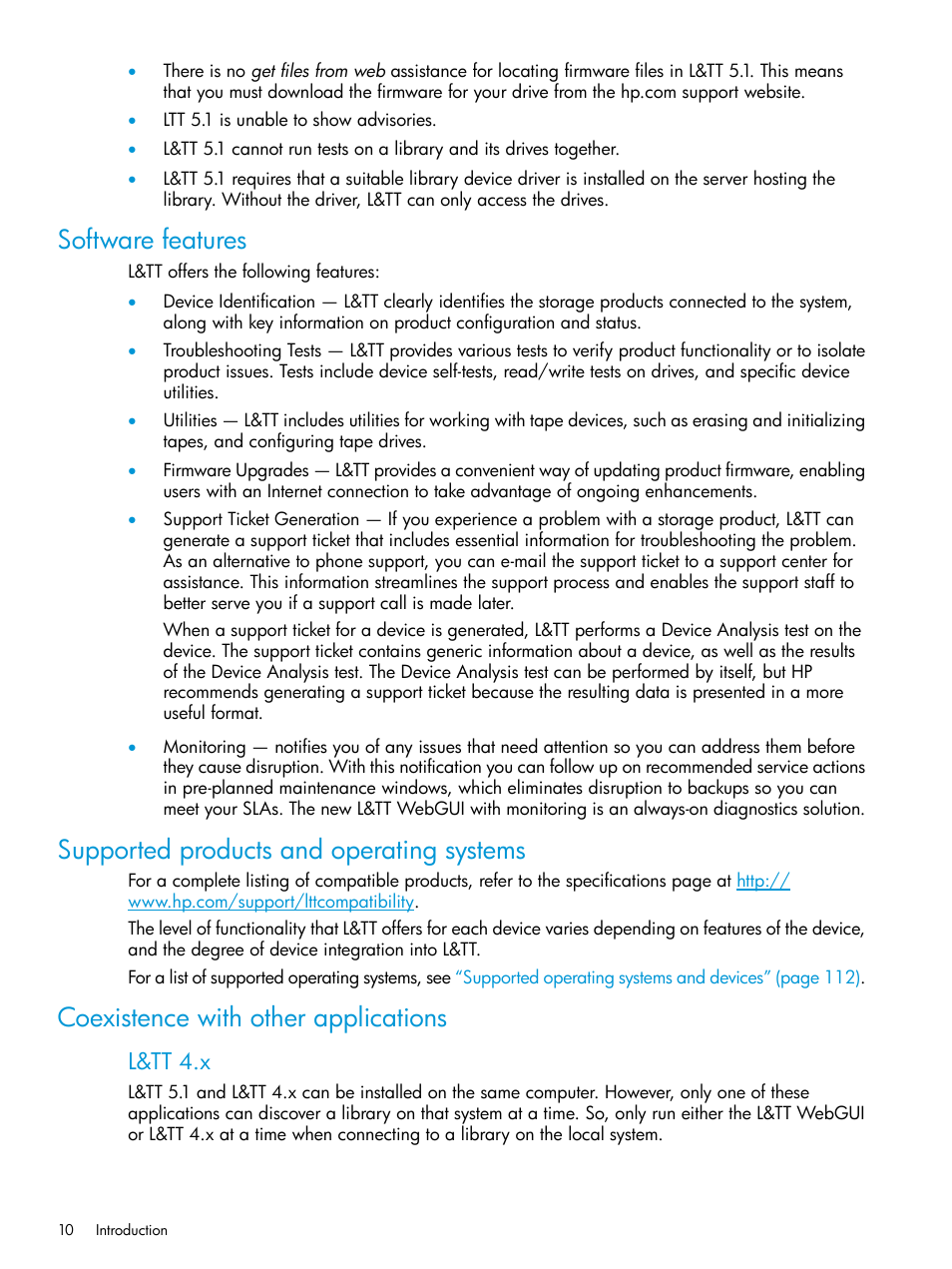 Software features, Supported products and operating systems, Coexistence with other applications | L&tt 4.x | HP StoreEver TapeAssure Software User Manual | Page 10 / 115