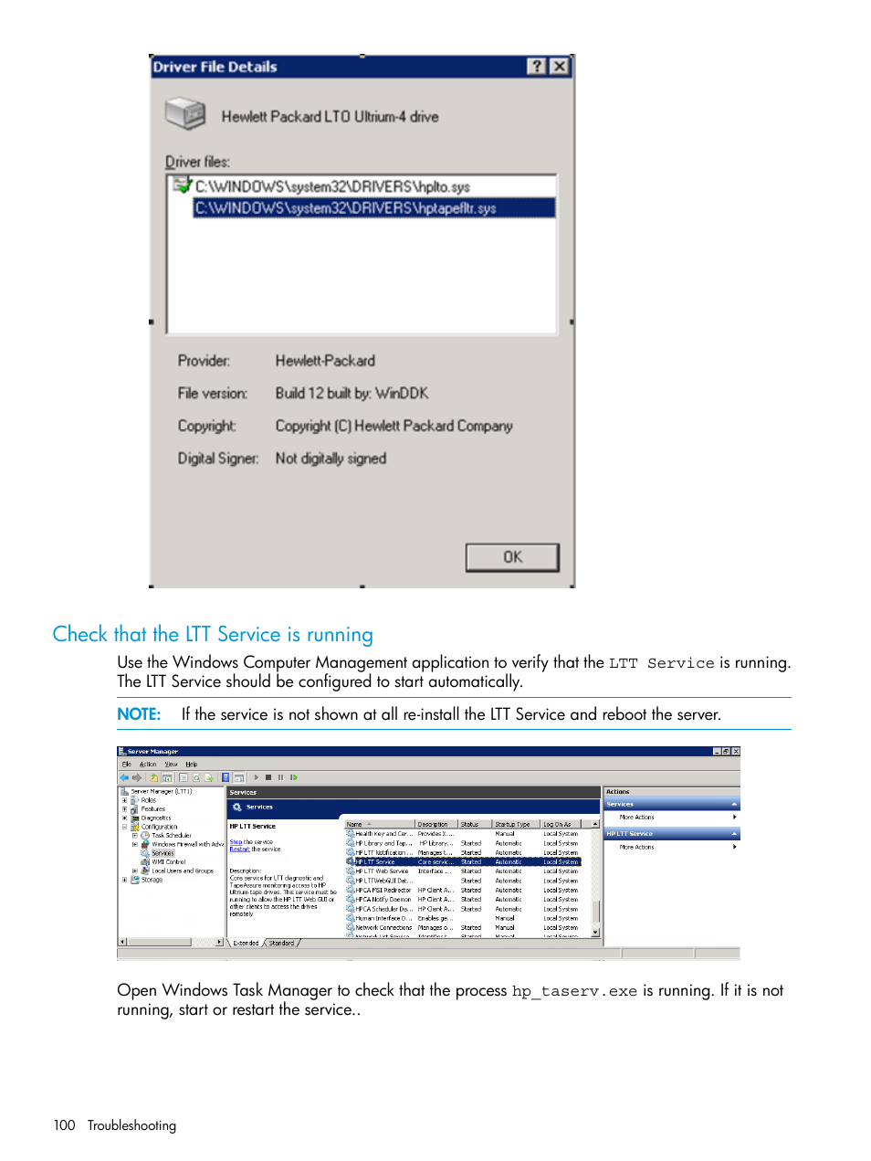 Check that the ltt service is running | HP StoreEver TapeAssure Software User Manual | Page 100 / 115