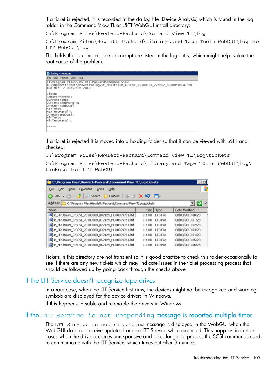 If the ltt service doesn’t recognize tape drives | HP StoreEver TapeAssure Software User Manual | Page 105 / 115