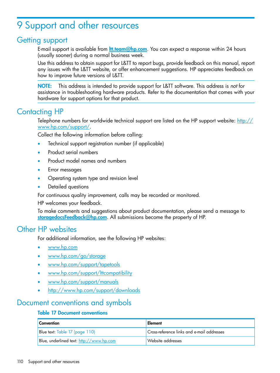 9 support and other resources, Getting support, Contacting hp | Other hp websites, Document conventions and symbols | HP StoreEver TapeAssure Software User Manual | Page 110 / 115