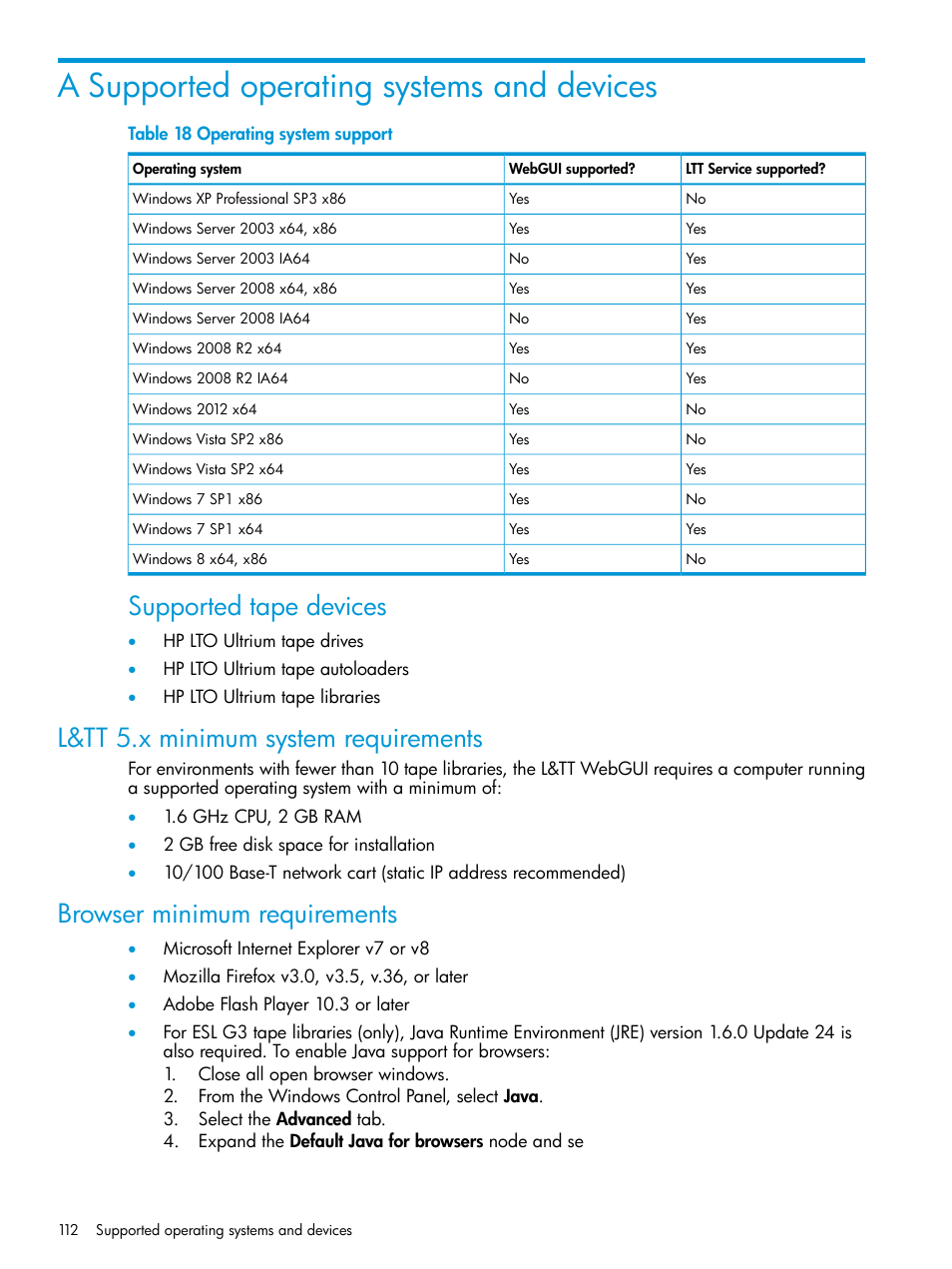 A supported operating systems and devices, L&tt 5.x minimum system requirements, Browser minimum requirements | Supported tape devices | HP StoreEver TapeAssure Software User Manual | Page 112 / 115
