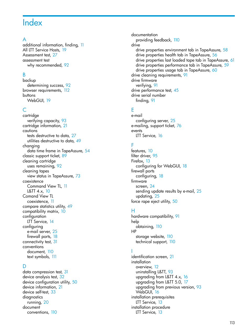 Index | HP StoreEver TapeAssure Software User Manual | Page 113 / 115