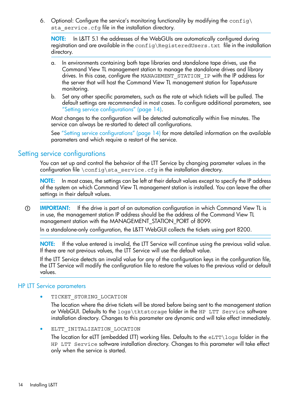 Setting service configurations, Hp ltt service parameters | HP StoreEver TapeAssure Software User Manual | Page 14 / 115