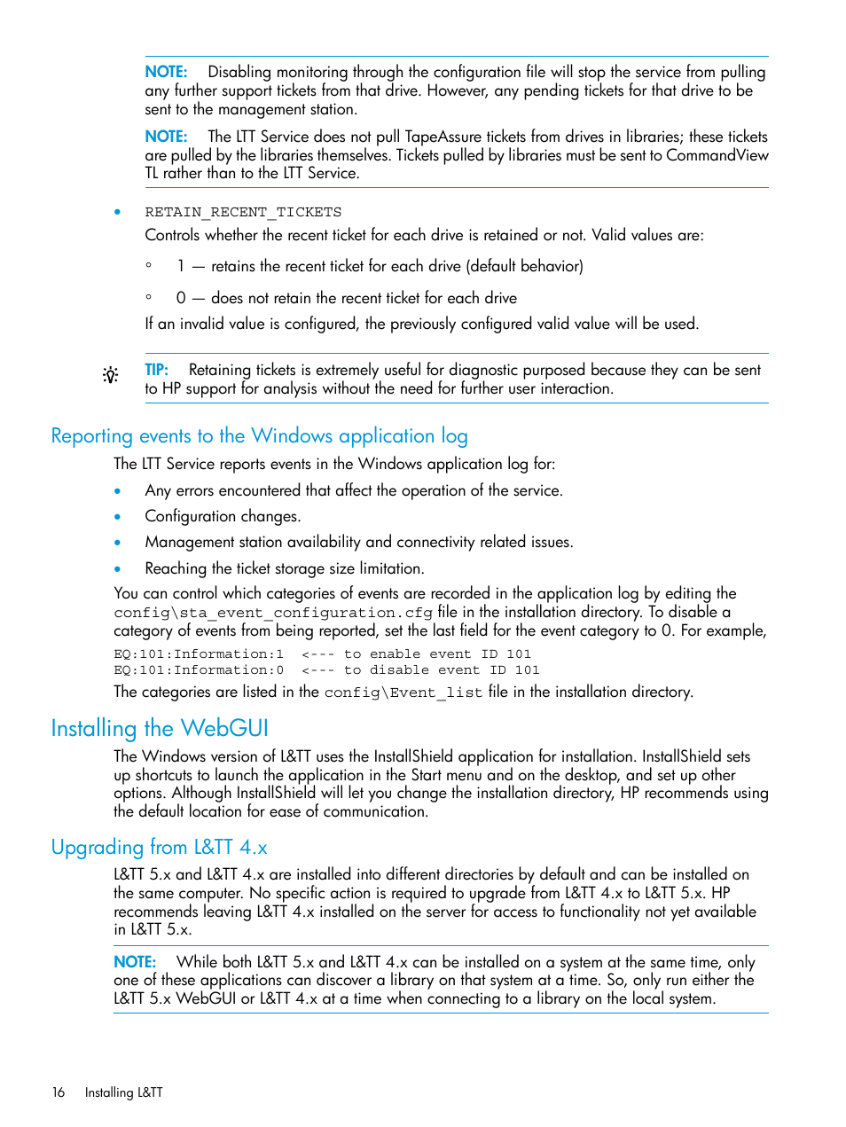 Reporting events to the windows application log, Installing the webgui, Upgrading from l&tt 4.x | HP StoreEver TapeAssure Software User Manual | Page 16 / 115