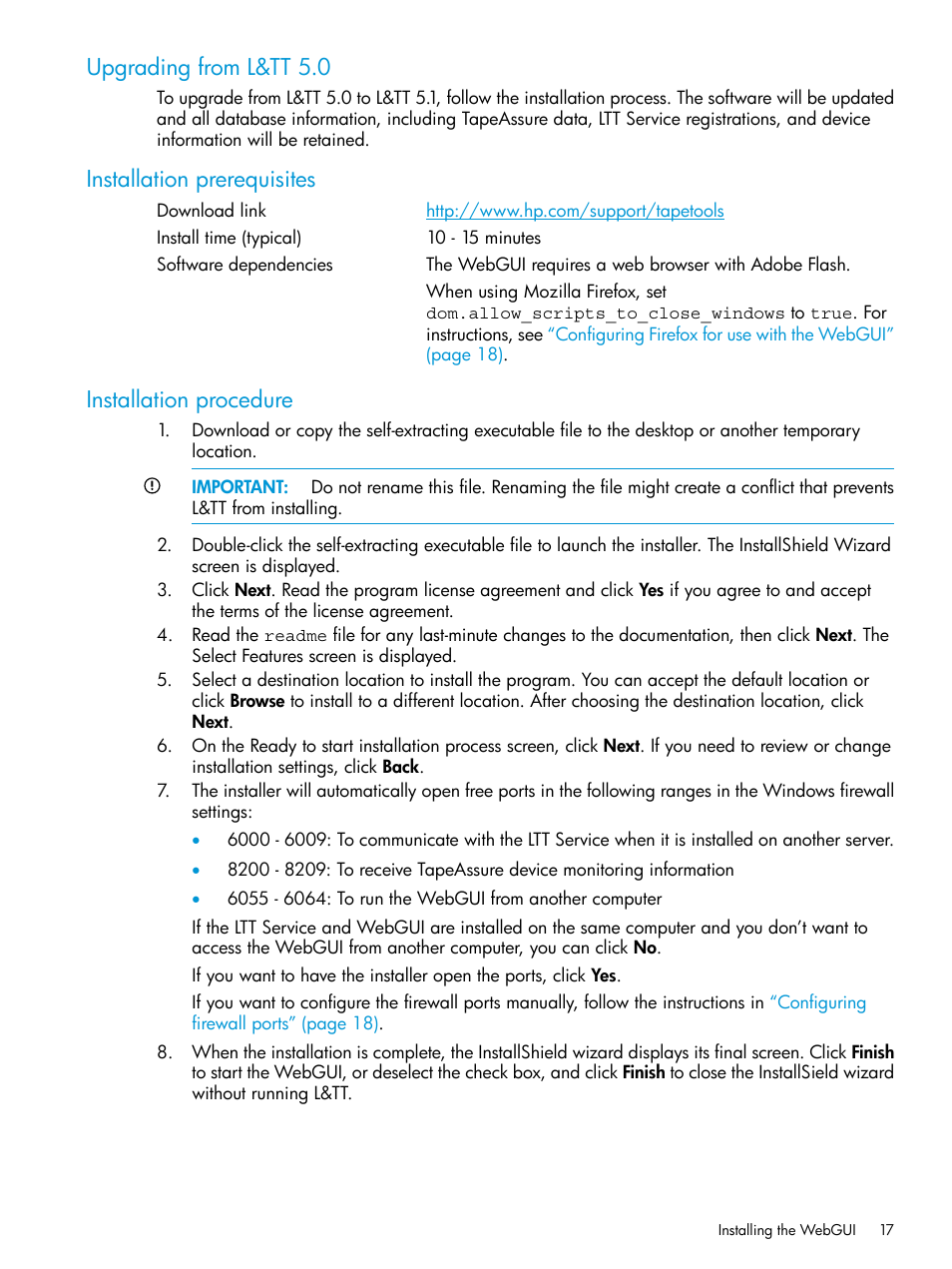 Upgrading from l&tt 5.0, Installation prerequisites, Installation procedure | HP StoreEver TapeAssure Software User Manual | Page 17 / 115