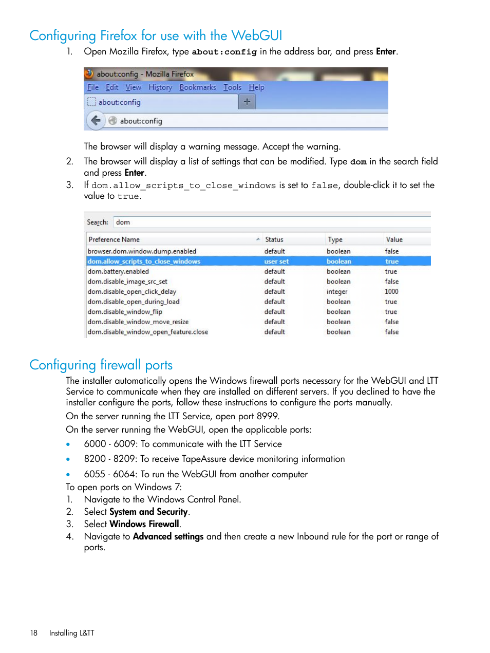 Configuring firefox for use with the webgui, Configuring firewall ports, Configuring | HP StoreEver TapeAssure Software User Manual | Page 18 / 115