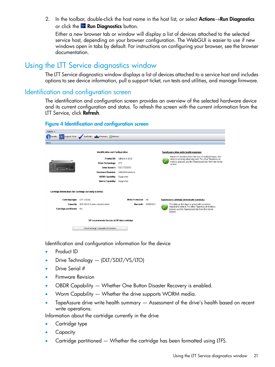 Using the ltt service diagnostics window, Identification and configuration screen | HP StoreEver TapeAssure Software User Manual | Page 21 / 115