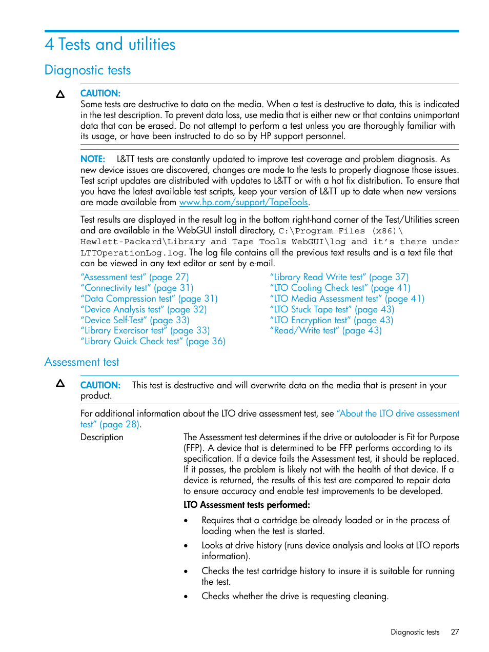 4 tests and utilities, Diagnostic tests, Assessment test | HP StoreEver TapeAssure Software User Manual | Page 27 / 115