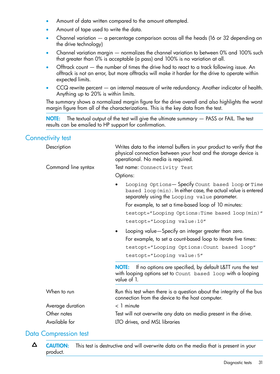 Connectivity test, Data compression test, Connectivity test data compression test | HP StoreEver TapeAssure Software User Manual | Page 31 / 115