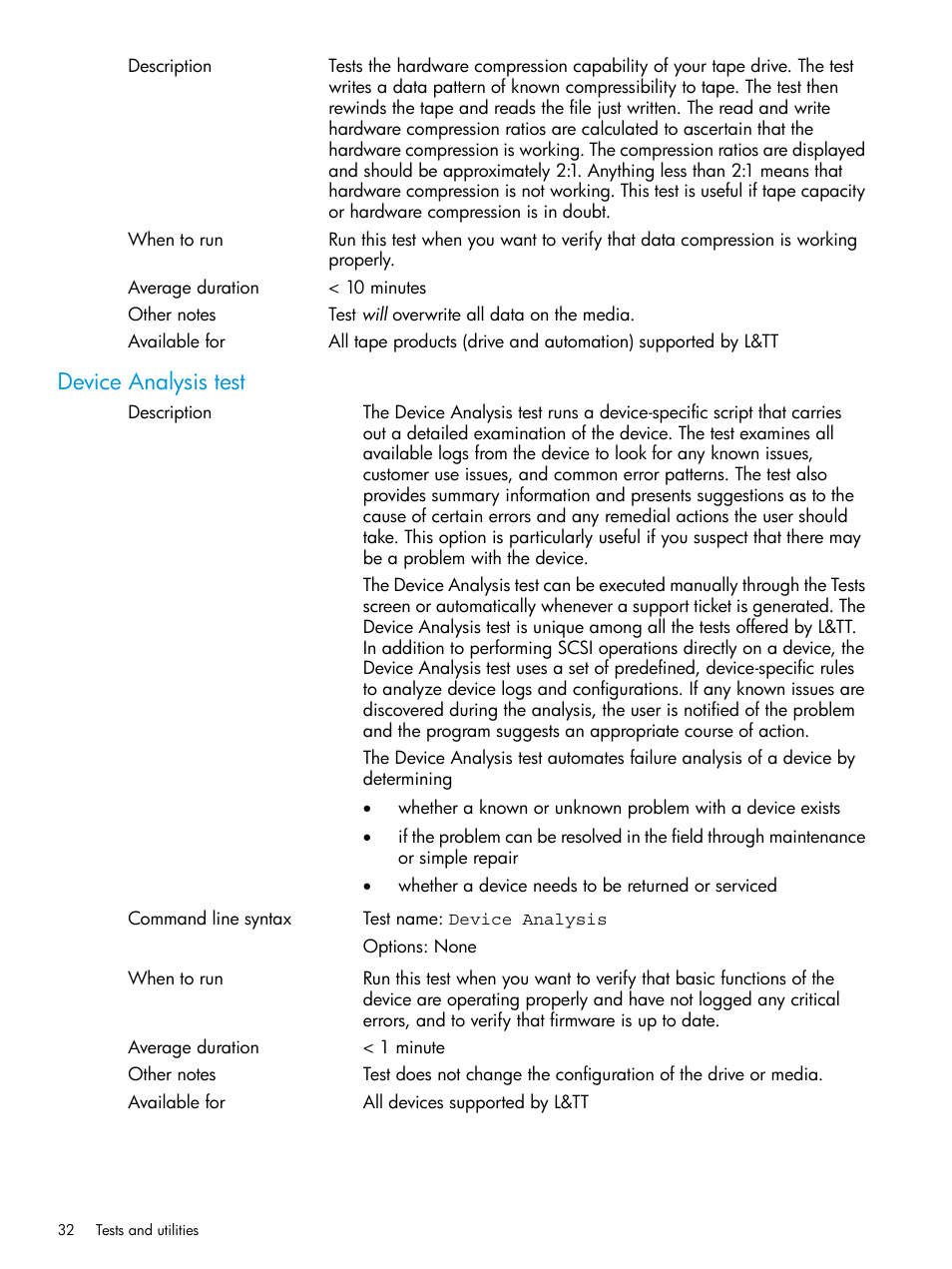 Device analysis test | HP StoreEver TapeAssure Software User Manual | Page 32 / 115