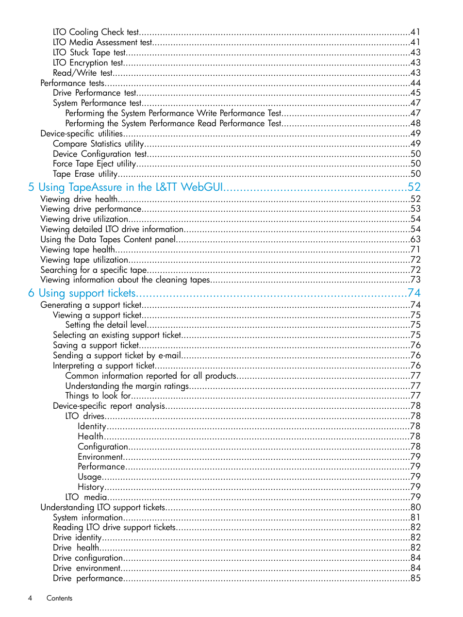5 using tapeassure in the l&tt webgui, 6 using support tickets | HP StoreEver TapeAssure Software User Manual | Page 4 / 115