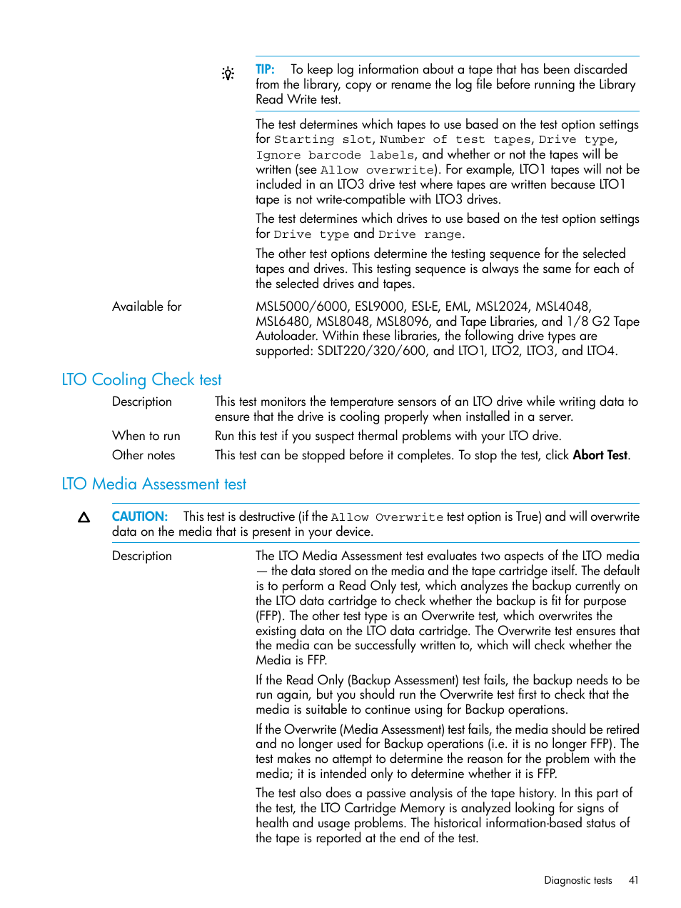 Lto cooling check test, Lto media assessment test, Lto cooling check test lto media assessment test | HP StoreEver TapeAssure Software User Manual | Page 41 / 115