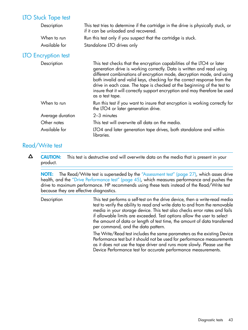 Lto stuck tape test, Lto encryption test, Read/write test | HP StoreEver TapeAssure Software User Manual | Page 43 / 115
