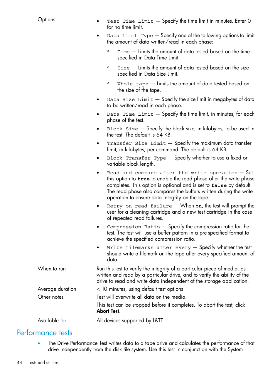 Performance tests | HP StoreEver TapeAssure Software User Manual | Page 44 / 115