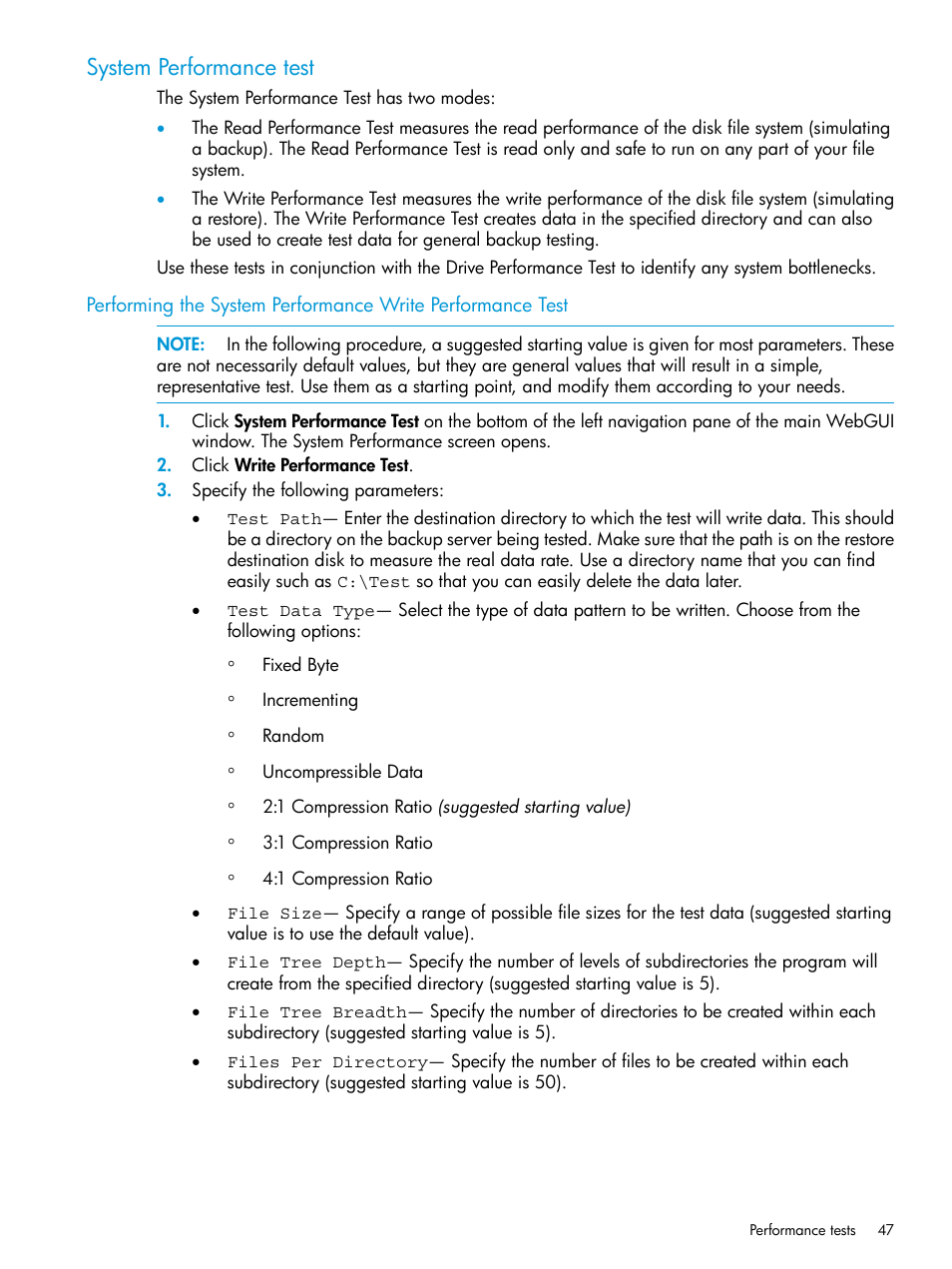 System performance test, System performance | HP StoreEver TapeAssure Software User Manual | Page 47 / 115