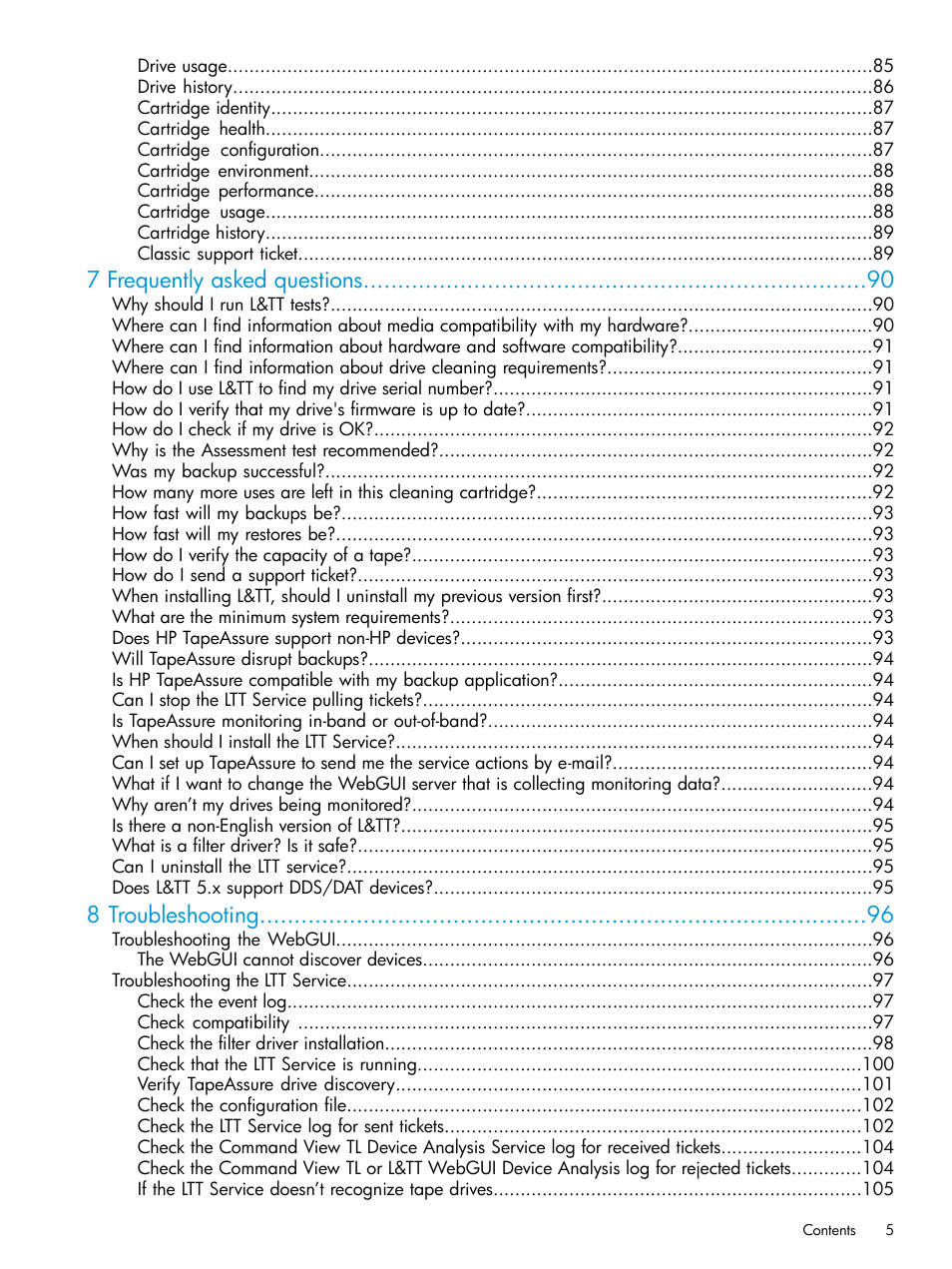 7 frequently asked questions, 8 troubleshooting | HP StoreEver TapeAssure Software User Manual | Page 5 / 115