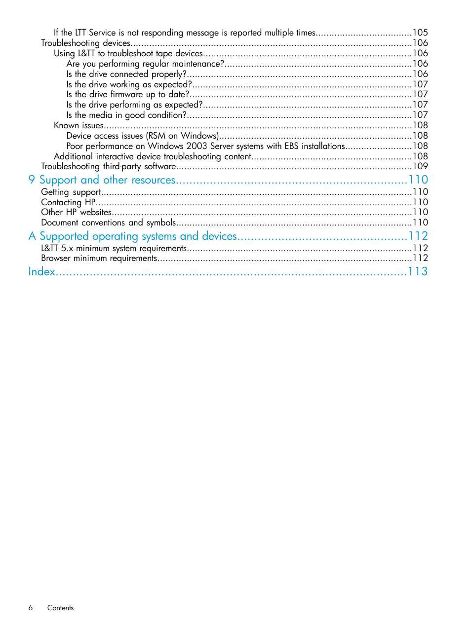 9 support and other resources, A supported operating systems and devices, Index | HP StoreEver TapeAssure Software User Manual | Page 6 / 115