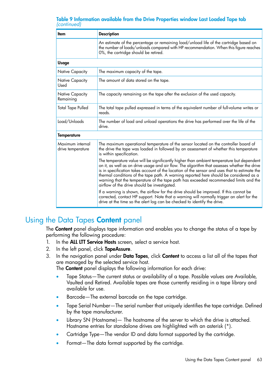 Using the data tapes content panel | HP StoreEver TapeAssure Software User Manual | Page 63 / 115