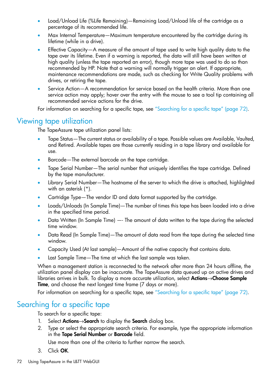 Viewing tape utilization, Searching for a specific tape | HP StoreEver TapeAssure Software User Manual | Page 72 / 115