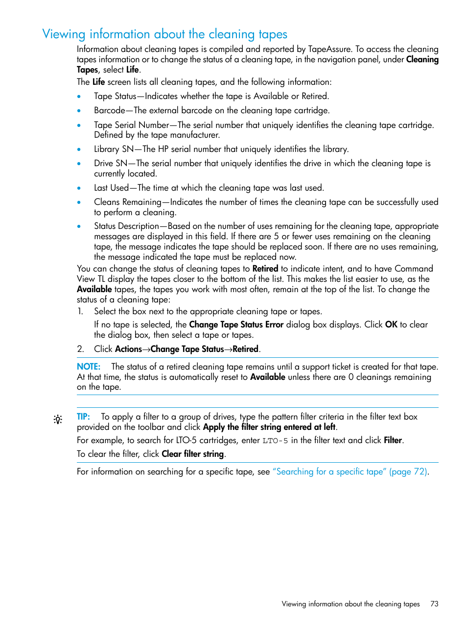 Viewing information about the cleaning tapes | HP StoreEver TapeAssure Software User Manual | Page 73 / 115