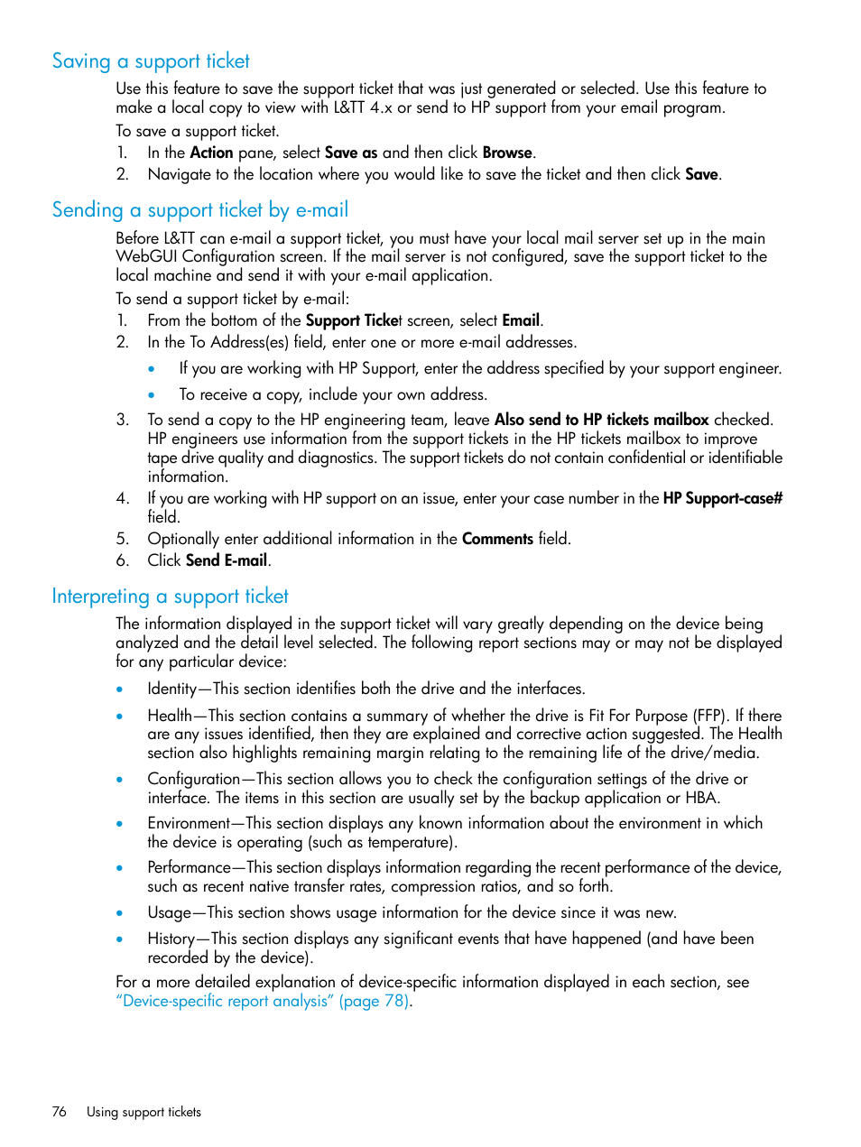 Saving a support ticket, Sending a support ticket by e-mail, Interpreting a support ticket | HP StoreEver TapeAssure Software User Manual | Page 76 / 115