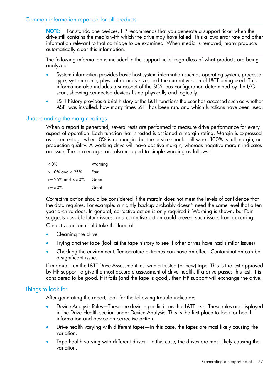 Common information reported for all products, Understanding the margin ratings, Things to look for | HP StoreEver TapeAssure Software User Manual | Page 77 / 115